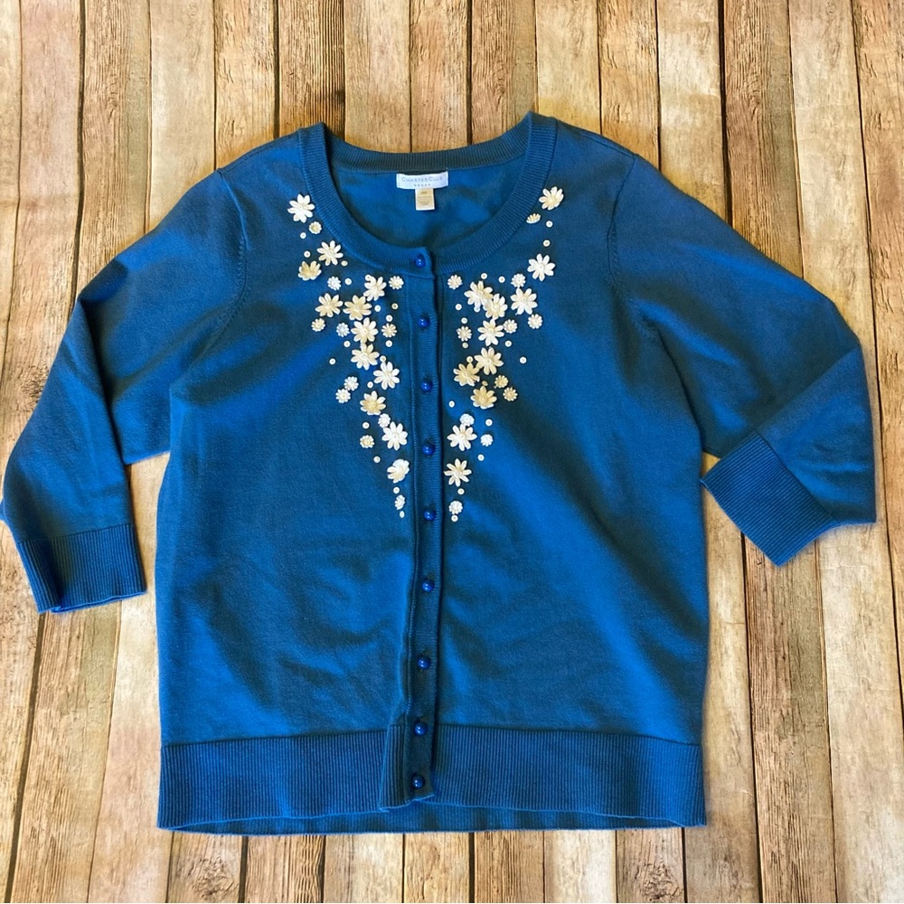Charter Club Blue Solid White Floral Women's Sweater Cardigan size OX - Picture 3 of 8